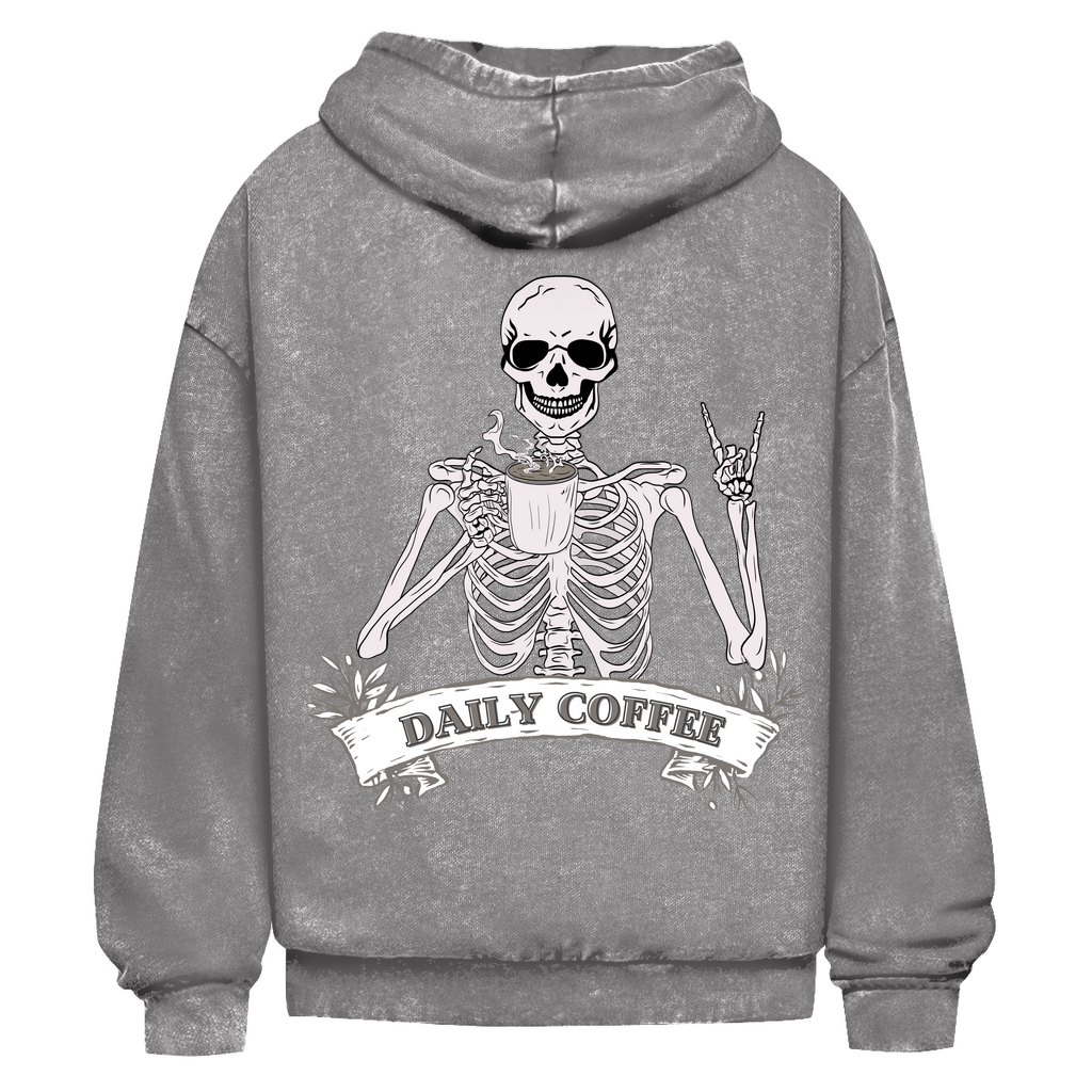 Oversize Washed Out Unisex Hoodie Daily Coffee Skelett