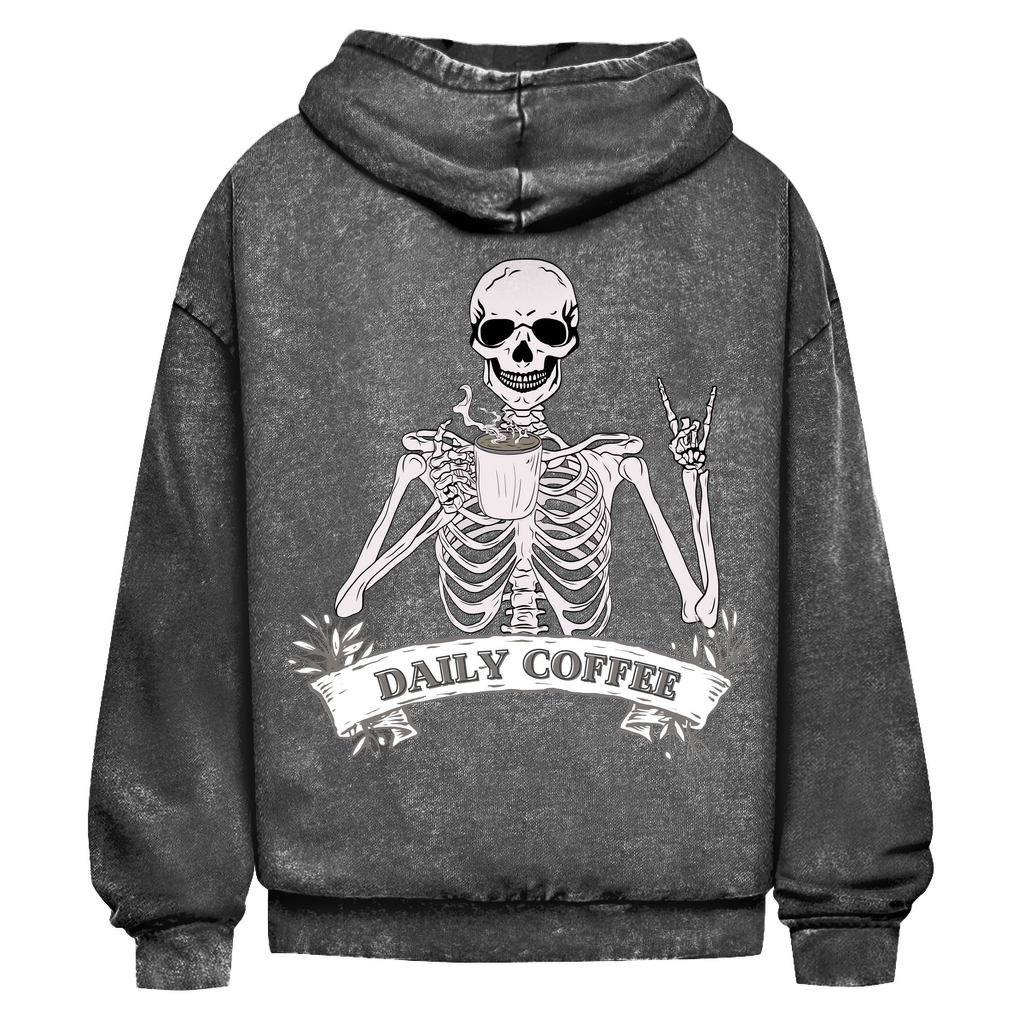 Oversize Washed Out Unisex Hoodie Daily Coffee Skelett