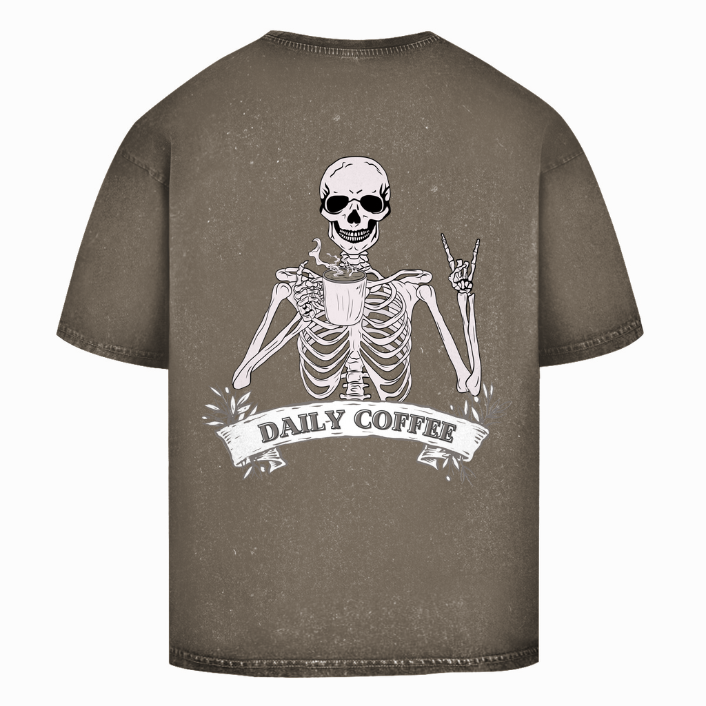 Oversize Washed Unisex T-Shirt Daily Coffee Skelett