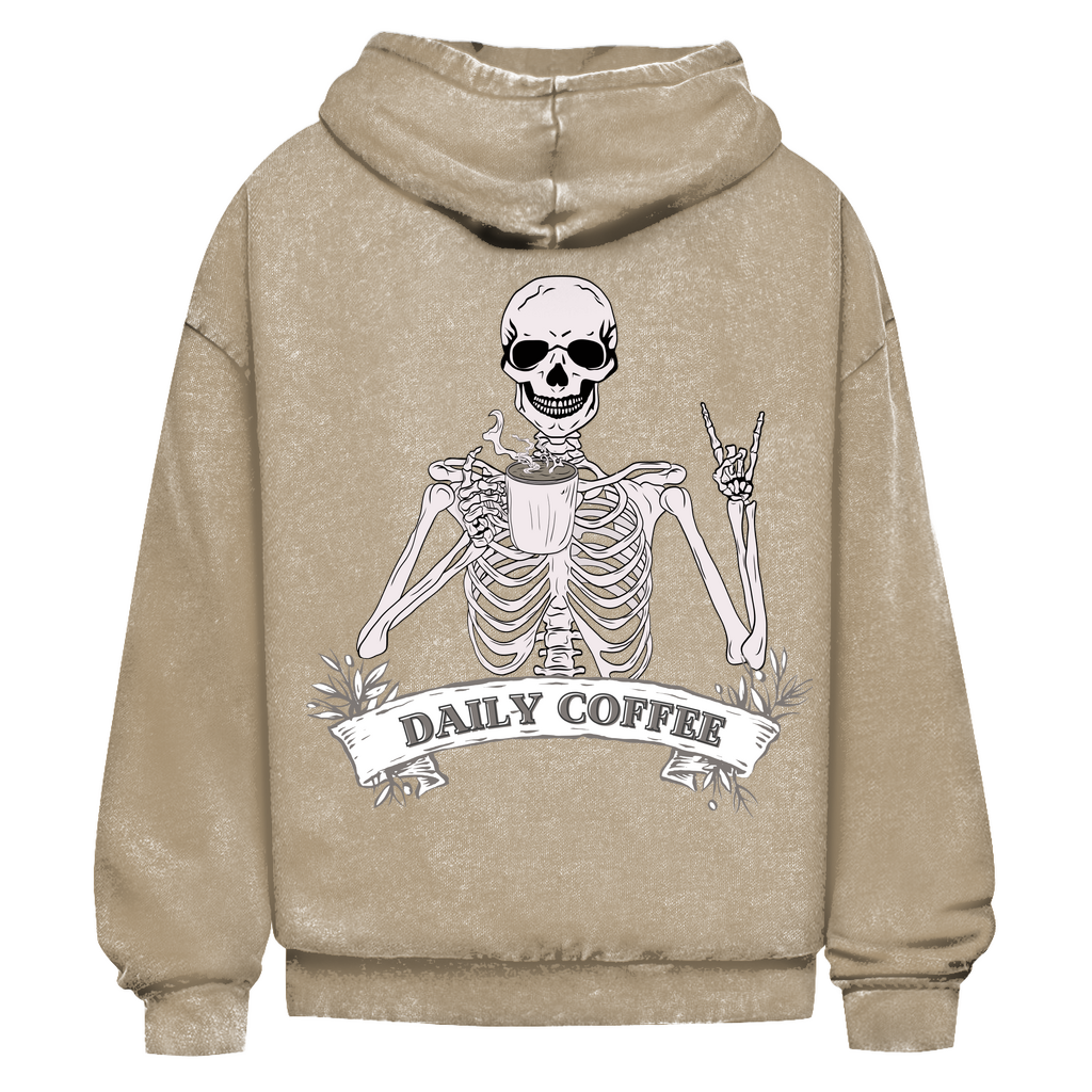 Oversize Washed Out Unisex Hoodie Daily Coffee Skelett