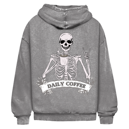Oversize Washed Out Unisex Hoodie Daily Coffee Skelett