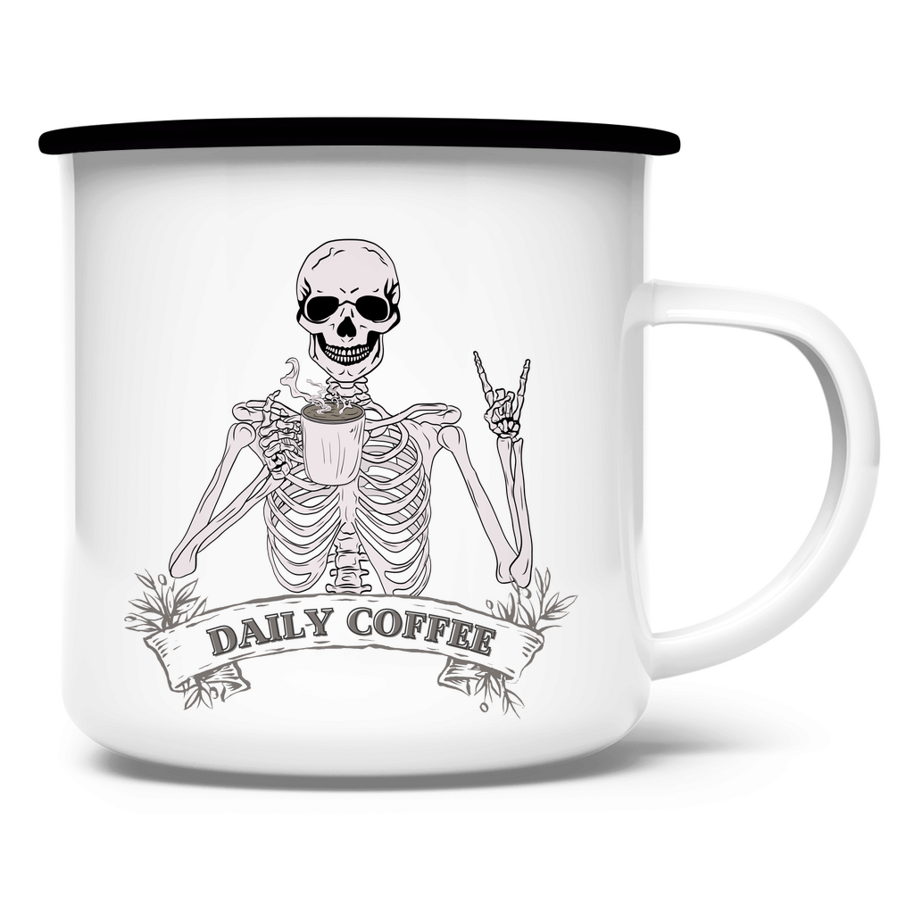 Emaille Tasse Daily Coffee Skelett