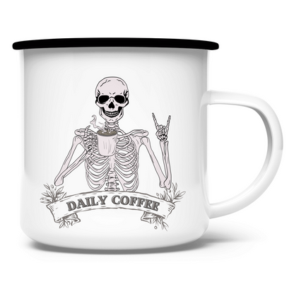 Emaille Tasse Daily Coffee Skelett