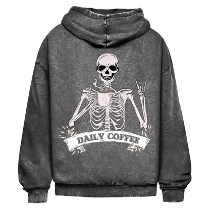 Oversize Washed Out Unisex Hoodie Daily Coffee Skelett