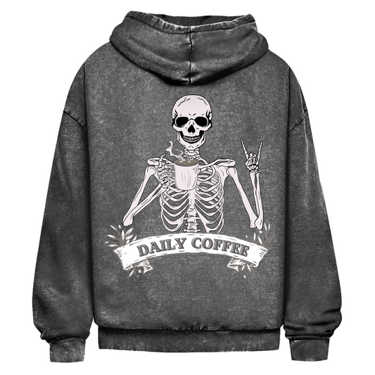 Oversize Washed Out Unisex Hoodie Daily Coffee Skelett