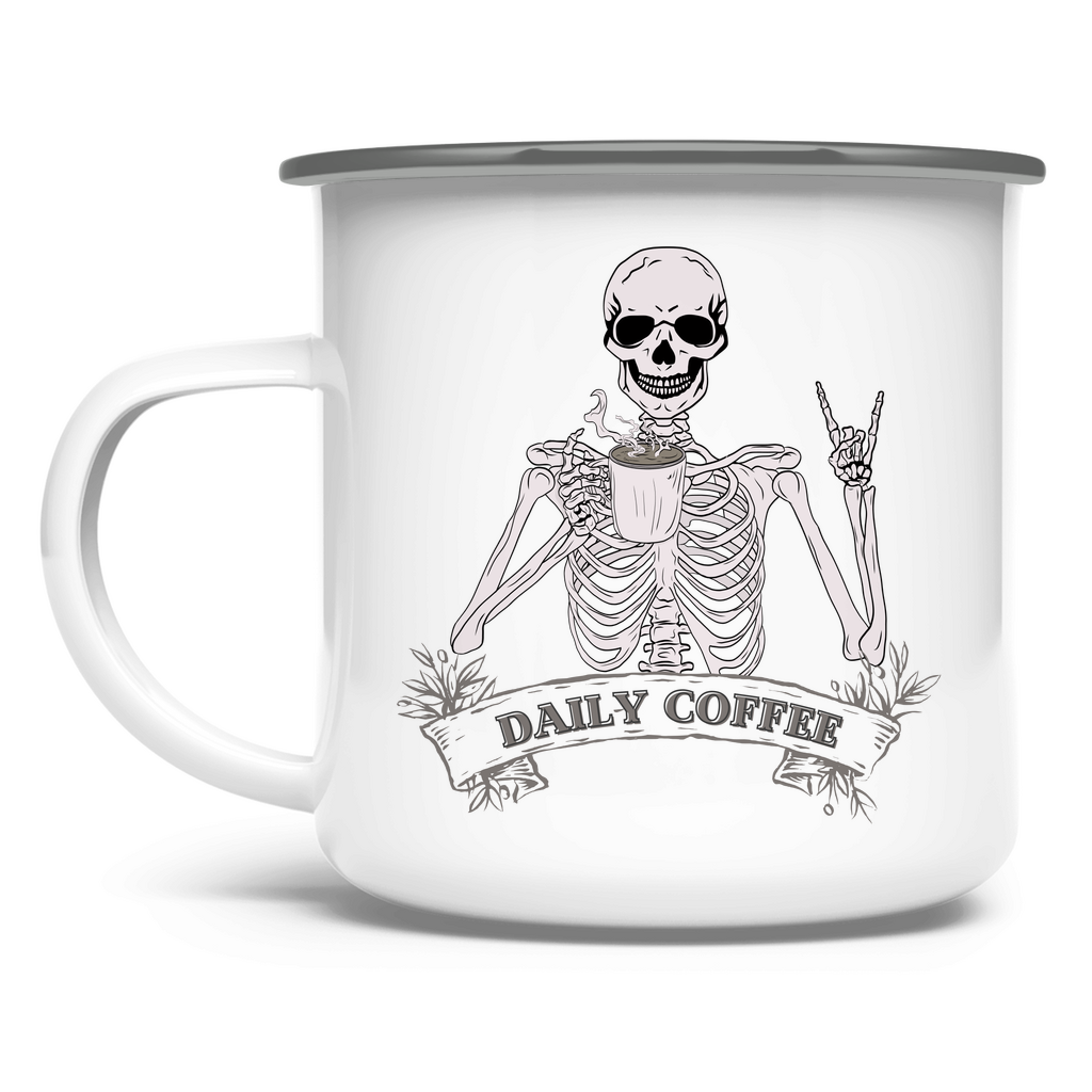 Emaille Tasse Daily Coffee Skelett