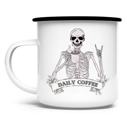 Emaille Tasse Daily Coffee Skelett