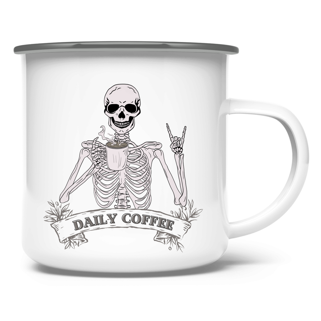 Emaille Tasse Daily Coffee Skelett