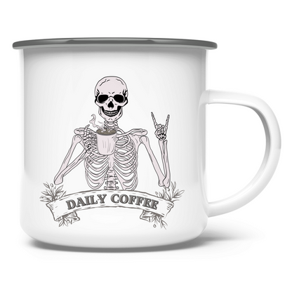 Emaille Tasse Daily Coffee Skelett